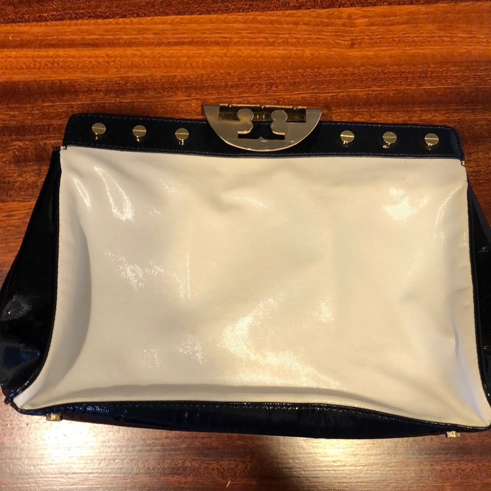 Tory Burch Navy and Off White Large Clutch